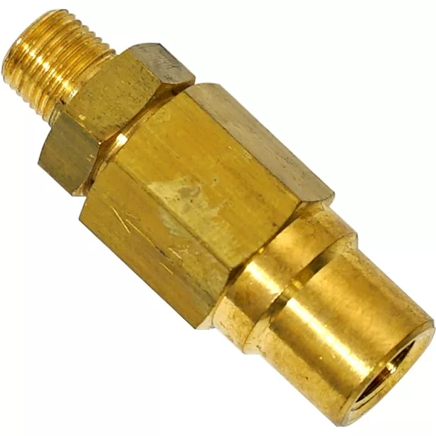 The Lelit GV036/8 Non-return valve is a brass flashback arrestor with a hex center, male thread, and cylindrical connector for safer gas welding and cutting. © 2025 1st-line.com