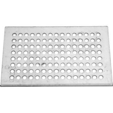 The Lelit MC015-2 Stainless Cover for Plastic Drip Tray (drip tray not included) is a rectangular metal plate with evenly spaced circular holes arranged in a grid pattern. © 2025 1st-line.com