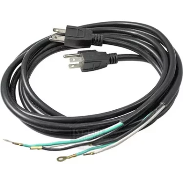 The Lelit MC016-110 Electrical Cord and Plug (110V) features a black power cord with a standard three-prong plug on one end, and three color-coded wires (green, white, black) with ring terminals on the other, coiled in a loop. © 2025 1st-line.com