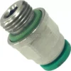 The Lelit MC072 Female Quick Release Joint is a metal pneumatic fitting with a hexagonal body, green sealing rings on both ends, and a threaded male connector—compatible with Lelit systems. © 2025 1st-line.com