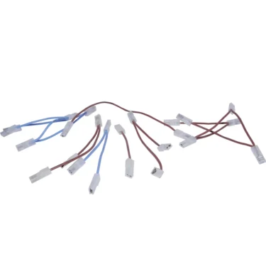 The Lelit MC077 Wiring Assembly features brown and blue electrical wires with white plastic connectors, all spread out on a white background. © 2025 1st-line.com