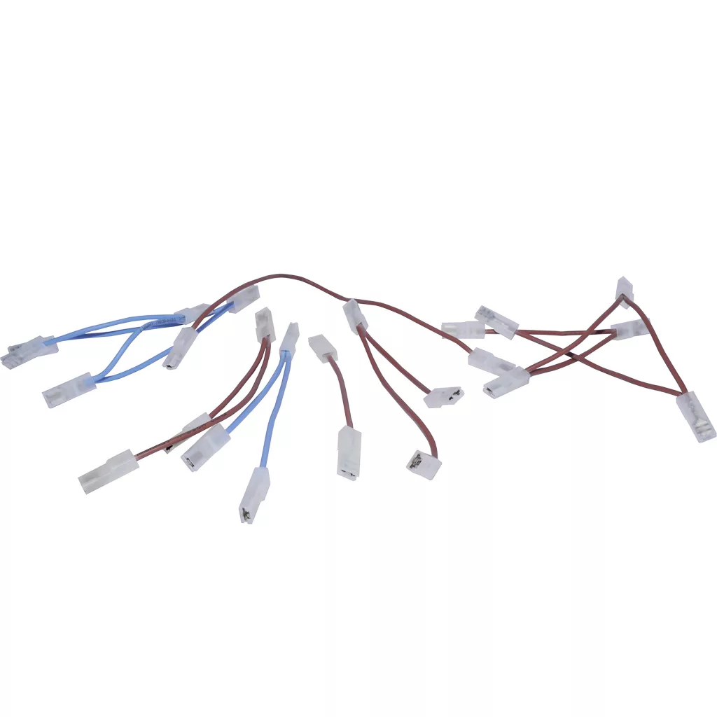 The Lelit MC077 Wiring Assembly features brown and blue electrical wires with white plastic connectors, all spread out on a white background. © 2025 1st-line.com