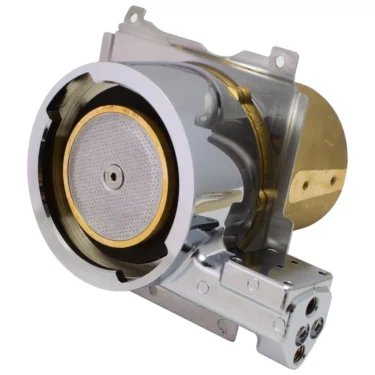 The Lelit MC752/110 Coffee Boiler Assembly features a metallic group head with a circular filter screen, chrome and brass accents, and precision-machined fittings. © 2025 1st-line.com