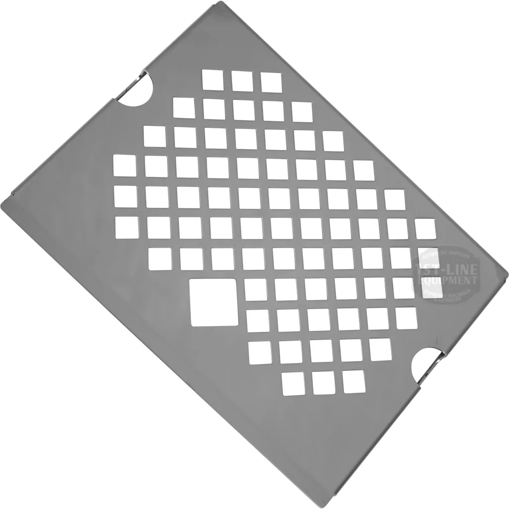 The Lelit MC960 Drip Tray Cover / Grill is a rectangular metal plate with central square grid cutouts and three semi-circular notches on the edges, shown against a white background. © 2025 1st-line.com