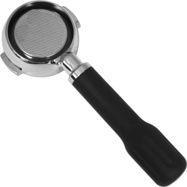 The Lelit PLA580S 58mm Bottomless/Naked Portafilter, featuring a metal filter basket and black handle, is shown against a plain white background—perfect for espresso machine use. © 2025 1st-line.com