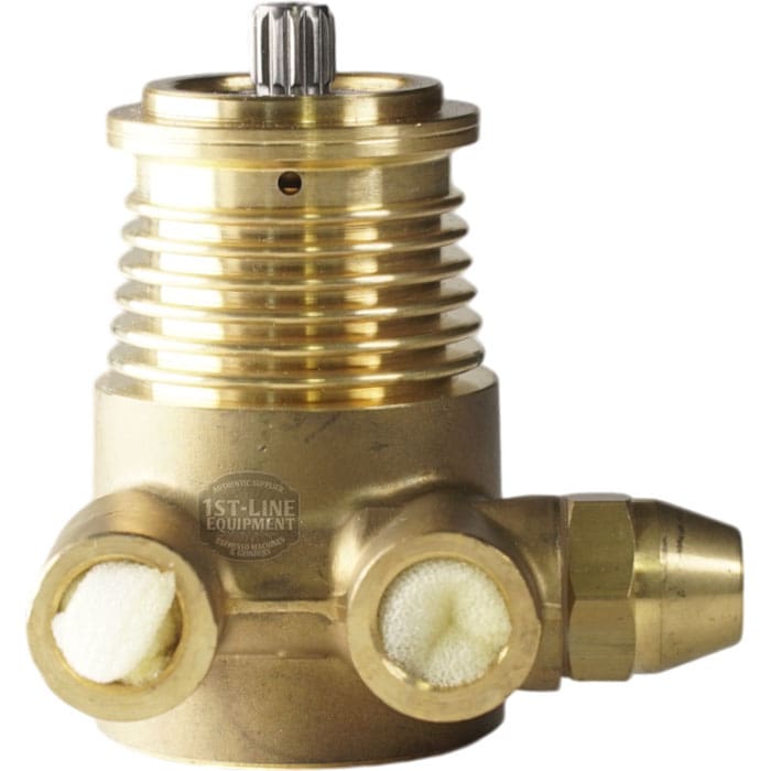 The M..171 200LT Dentate Rod Rotary Vane Pump features threaded fittings, two ports with white sealing material, and a grooved dentate rod top shaft for mechanical connection. © 2025 1st-line.com