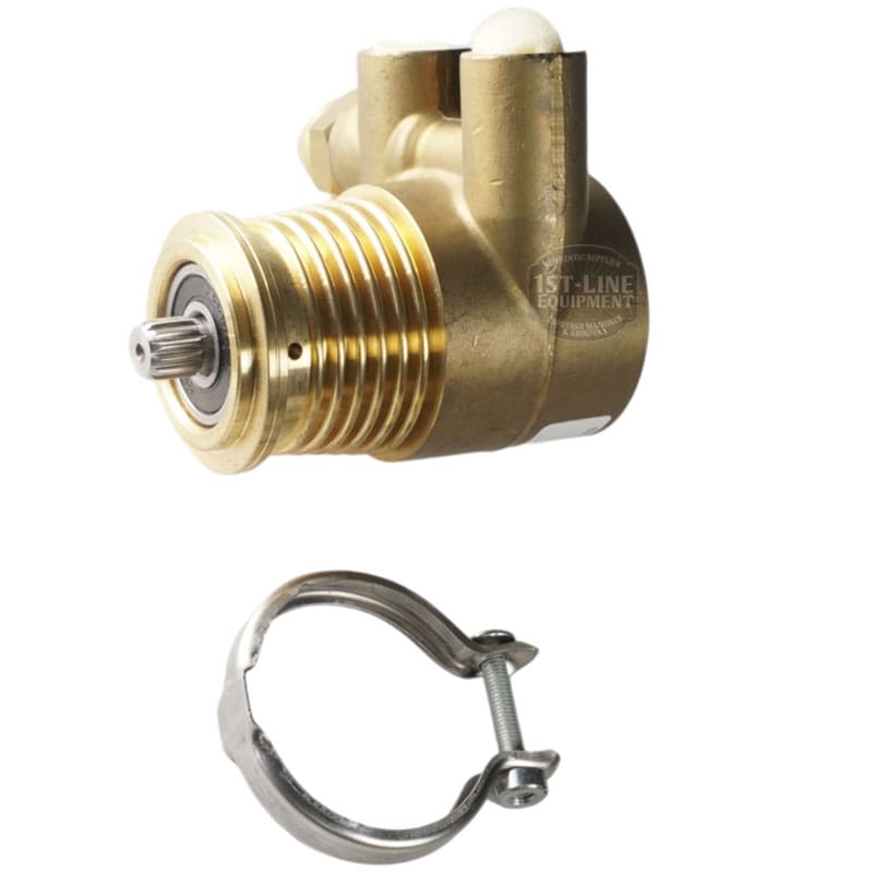 The M..171 200LT Dentate Rod Rotary Vane Pump for espresso machines, featuring a visible dentate rod shaft, comes with a secure metal clamp and screw. Both components are displayed on a white background. © 2025 1st-line.com