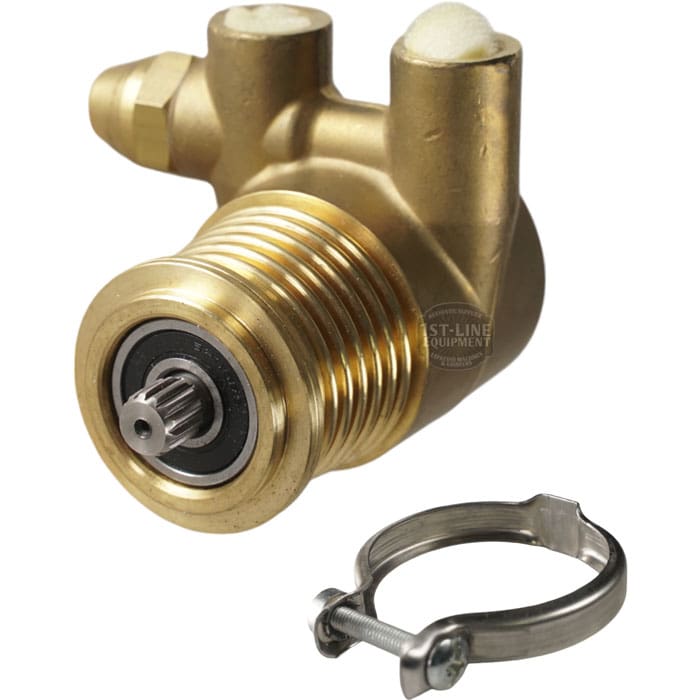 The M..171 200LT Dentate Rod Rotary Vane Pump has a brass pump head with threaded grooves, a gear-like dentate rod shaft, two hose connectors, and a metal clamp with screw below the assembly. © 2025 1st-line.com