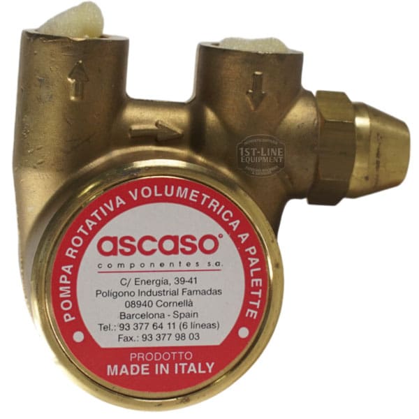 The M..171 200LT Dentate Rod Rotary Vane Pump is a brass Ascaso espresso machine pump, featuring three connection points, a red and white label with company details, Made in Italy text, and is marked for volumetric use. © 2025 1st-line.com