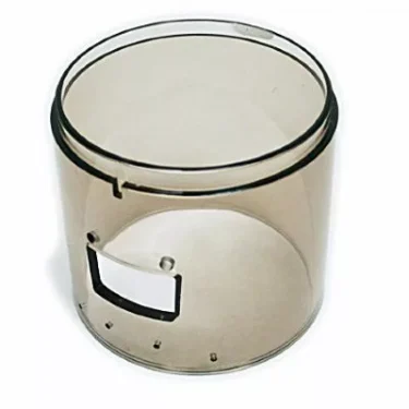 The Macap C0007M106 Plastic Doser Cylinder is a transparent, cylindrical part with a rectangular cut-out, three small holes near the base, smooth edges, and an open top. © 2025 1st-line.com