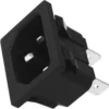 The Macap C246050 Socket/Connector - M2 is a black rectangular AC power socket with three metal prongs, designed for connecting electrical appliances to a power source. The image shows its front opening and side terminals. © 2025 1st-line.com