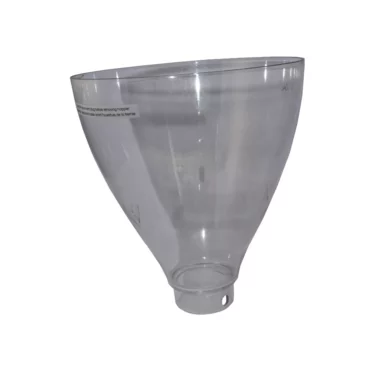 The Macap C247002A M2 Bean Hopper is a transparent plastic hopper with a wide top and narrow bottom funnel shape, designed to smoothly guide materials or liquids through its base. © 2025 1st-line.com
