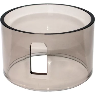 The Macap C247025 Doser Cylinder - M2 is a translucent, cylindrical plastic container with a smooth, slightly tinted surface, an open top, and a rectangular cutout on its side. © 2025 1st-line.com