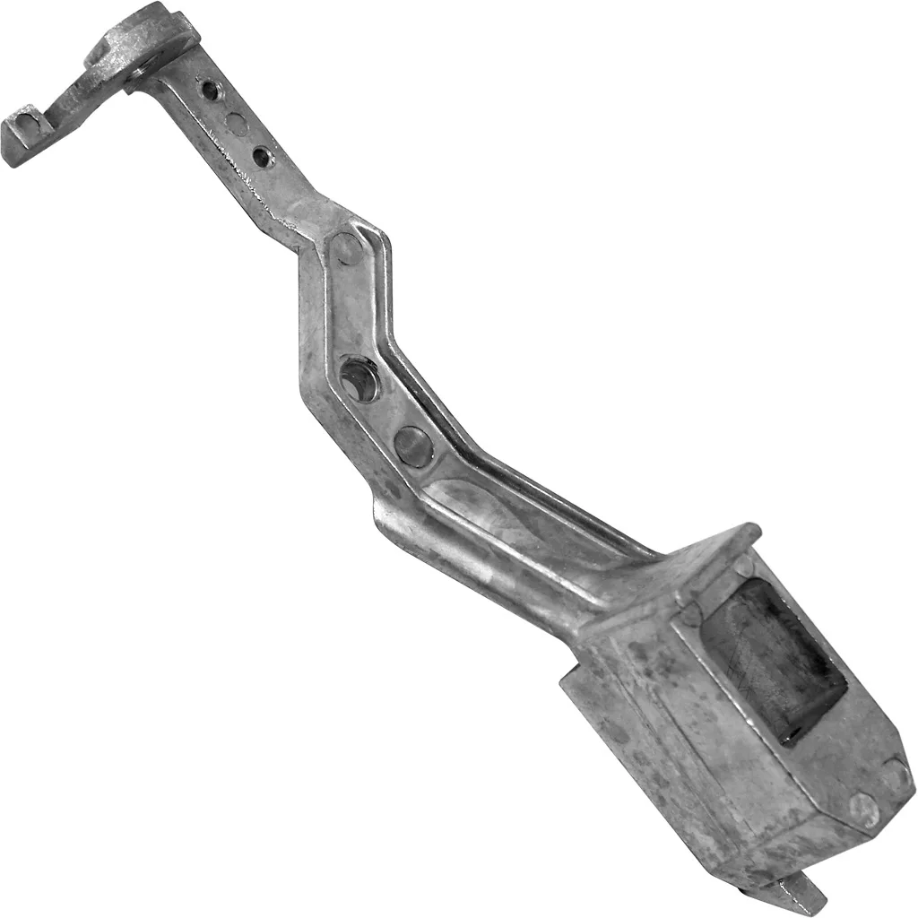 The Macap C248037 Doser Handle / Body Spring is a metal automotive part with an angled, elongated arm featuring holes and a rectangular base, likely used for structural or mounting purposes in vehicles or machinery. © 2025 1st-line.com