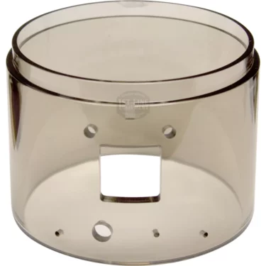 The Macap Doser Cylinder - C0007M1591 is a clear, cylindrical plastic container with smooth edges, a square opening, and small round holes on one side for easy dosing. © 2025 1st-line.com