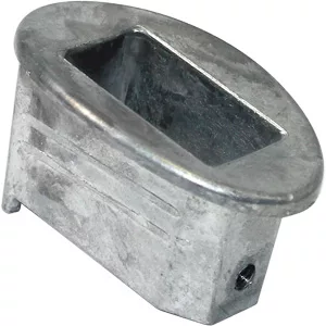 The Macap Doser Extension - M2 is an oval metal component with a rectangular hollow center, a slightly textured surface, and a small hole on one side, likely used in construction or assembly tasks. © 2025 1st-line.com