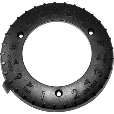 The Macap Grinding Adjustment Disc - M2 is a black circular plastic dial with numbers 1 to 9, COARSE on one side and FINE on the other, plus evenly spaced notches around its outer edge. © 2025 1st-line.com