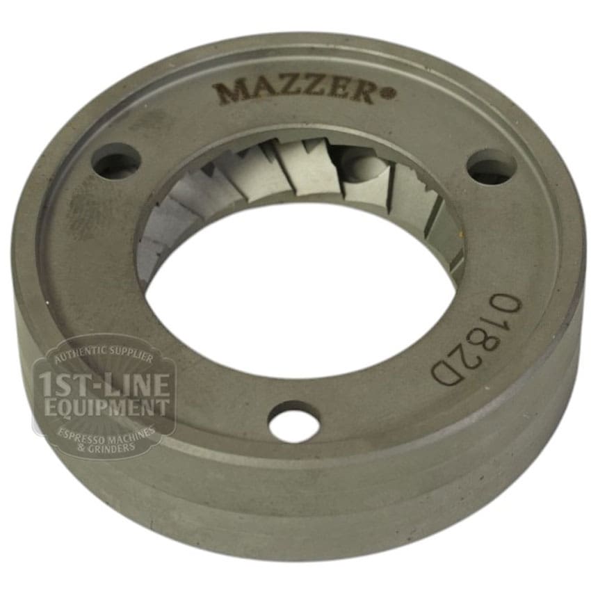 The Mazzer FMA00182D/QQQ 1-phase 58mm flat grinding burrs (set of 2) feature sharp interior teeth, three mounting holes, and MAZZER 0182D engraving, with part of the 1st-Line Equipment logo visible on the left side. © 2025 1st-line.com