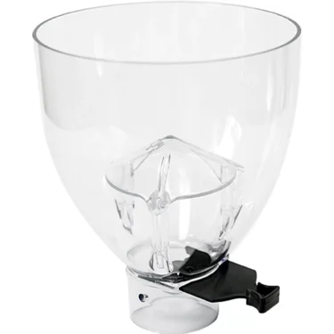 The Mazzer SMI0CAEU3/QQQ Tall Hopper is a clear plastic coffee grinder hopper with a black locking tab at the base, designed to hold coffee beans before grinding. The hopper is empty and features a wide, open top. © 2025 1st-line.com