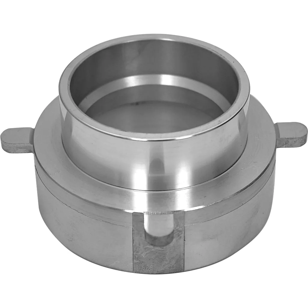 The Mazzer SRO0POA08/AQQ Grinding Burr Holder features a circular metallic design with two side tabs and a polished finish, suitable for automotive and industrial use. Also compatible as an SRO0POA08 part for Mazzer machines. © 2025 1st-line.com