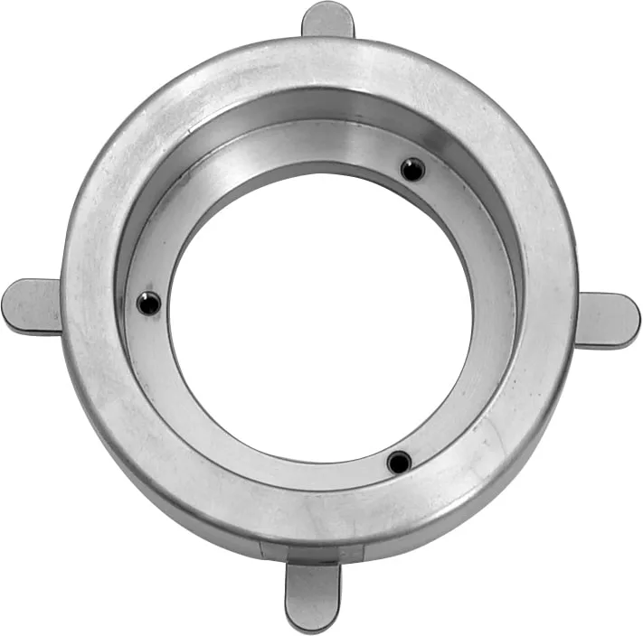 The Mazzer SRO0POA08/AQQ Grinding Burr Holder is a metal circular flange with three equally spaced tabs and two small inner-ring holes, shown from above on a white background. © 2025 1st-line.com