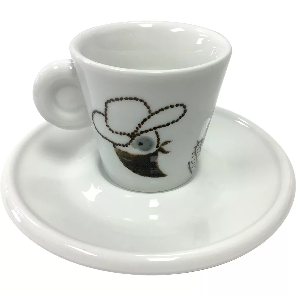 The Miscela dOro Espresso Cup & Saucer - 2 fl oz features a charming bird in a cowboy hat, offering a playful yet minimal design with its round handle—perfect for adding fun to your coffee moments. © 2025 1st-line.com