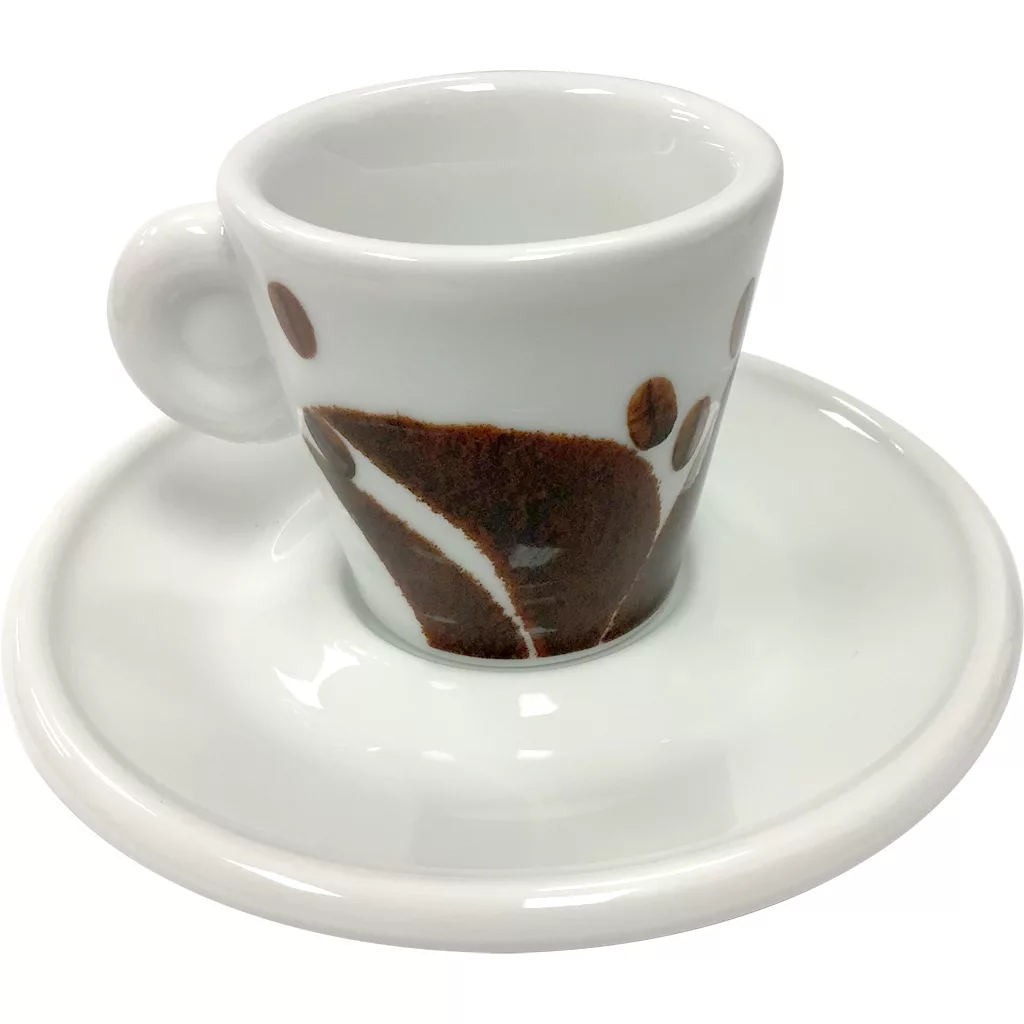The Miscela dOro Espresso Cup & Saucer - 2 fl oz features a small white ceramic cup with a handle, decorated with brown abstract designs and the Miscela dOro logo, resting on a matching round white saucer. © 2025 1st-line.com