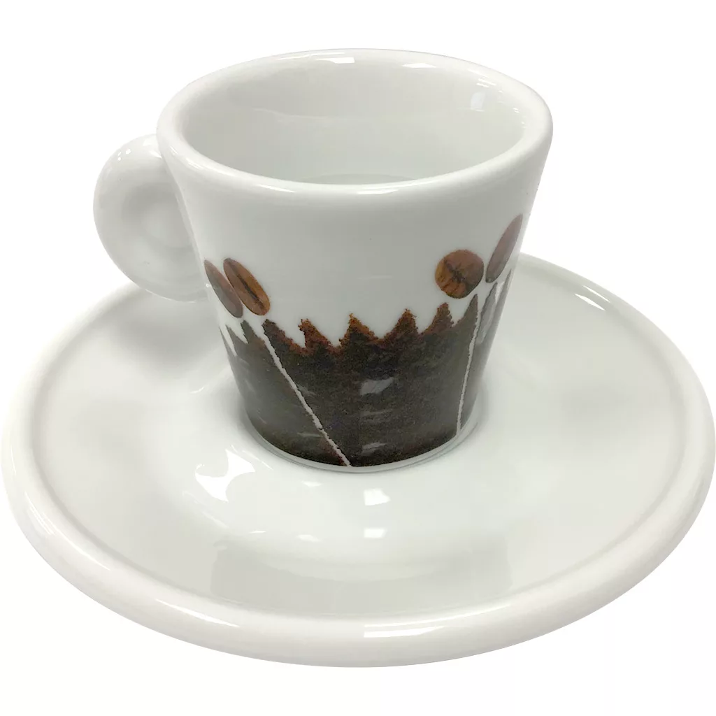 The Miscela dOro Espresso Cup & Saucer - 2 fl oz features a white ceramic cup with a handle and a brown abstract bean-and-mountain design, paired with a plain glossy saucer. © 2025 1st-line.com