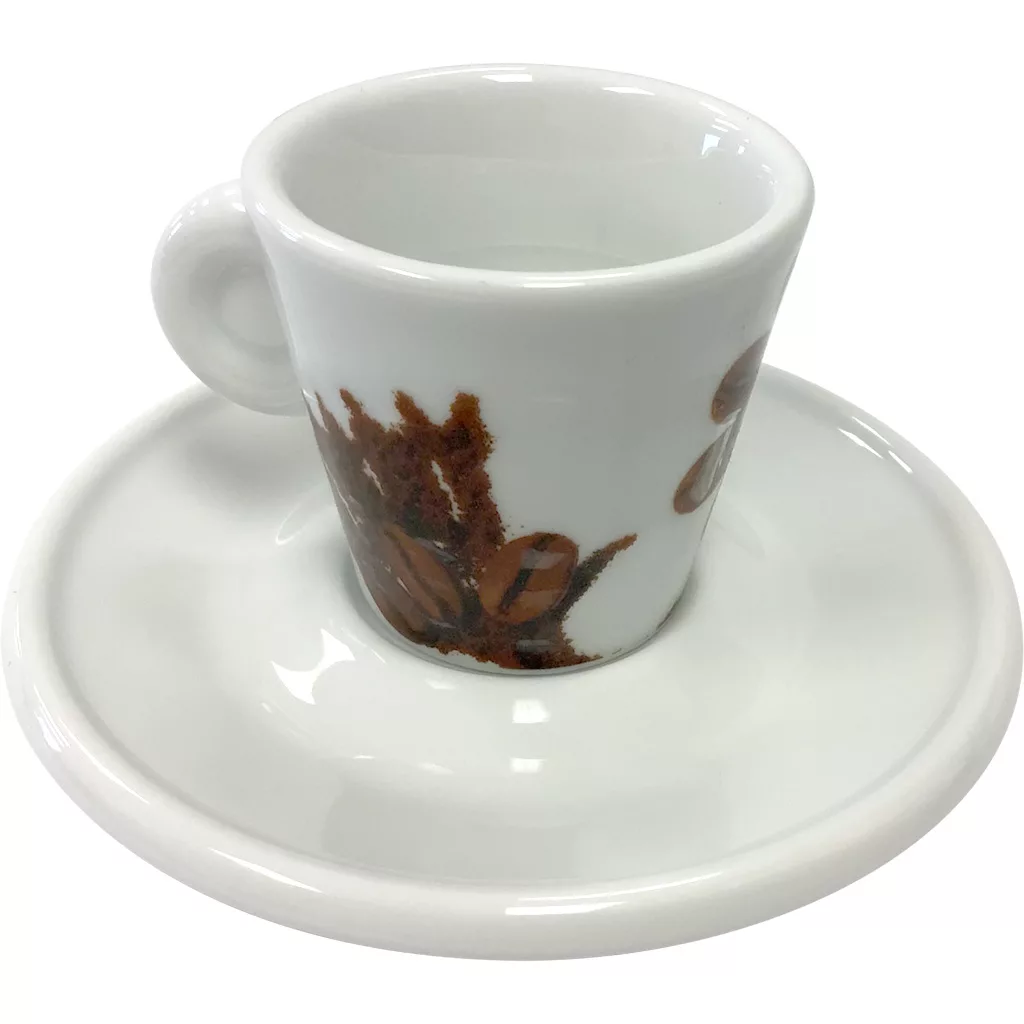 The Miscela dOro Espresso Cup & Saucer - 2 fl oz features a white ceramic cup with a handle and brown flower-like design, paired with a matching white saucer. © 2025 1st-line.com