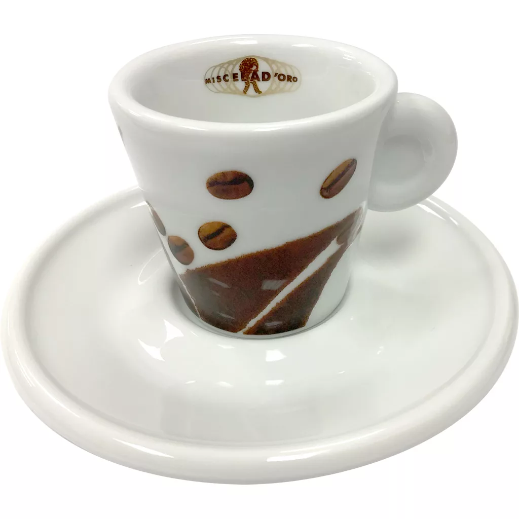 The Miscela dOro Espresso Cup & Saucer - 2 fl oz features a white cup with brown coffee bean designs and the logo inside, paired with a matching white saucer. © 2025 1st-line.com