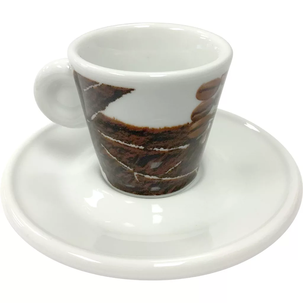 The Miscela dOro Espresso Cup & Saucer - 2 fl oz is a white ceramic cup with a handle and coffee bean image, elegantly paired with a matching white saucer. © 2025 1st-line.com