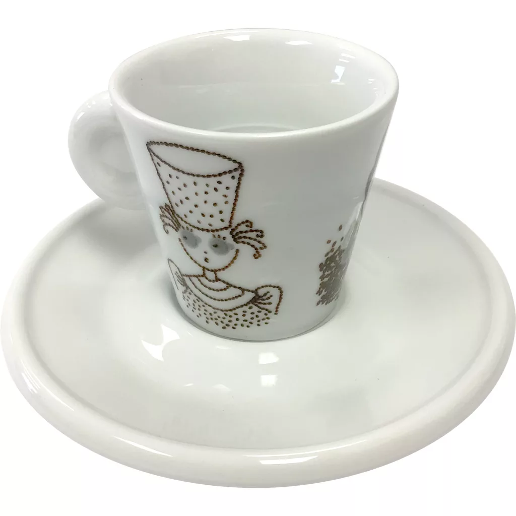 The Miscela dOro Espresso Cup & Saucer - 2 fl oz is a white ceramic cup with a simple brown cartoon chef design on one side, paired with a matching white saucer. © 2025 1st-line.com