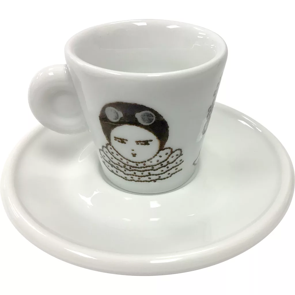 The Miscela dOro Espresso Cup & Saucer - 2 fl oz is a white ceramic set featuring a face with a headpiece and decorative collar, ideal for savoring your favorite espresso blend. © 2025 1st-line.com