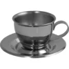 The Motta 1501 Espresso Cup & Saucer (2.7 fl oz), made of shiny stainless steel with a handle, is shown on its matching saucer against a plain white background. © 2025 1st-line.com