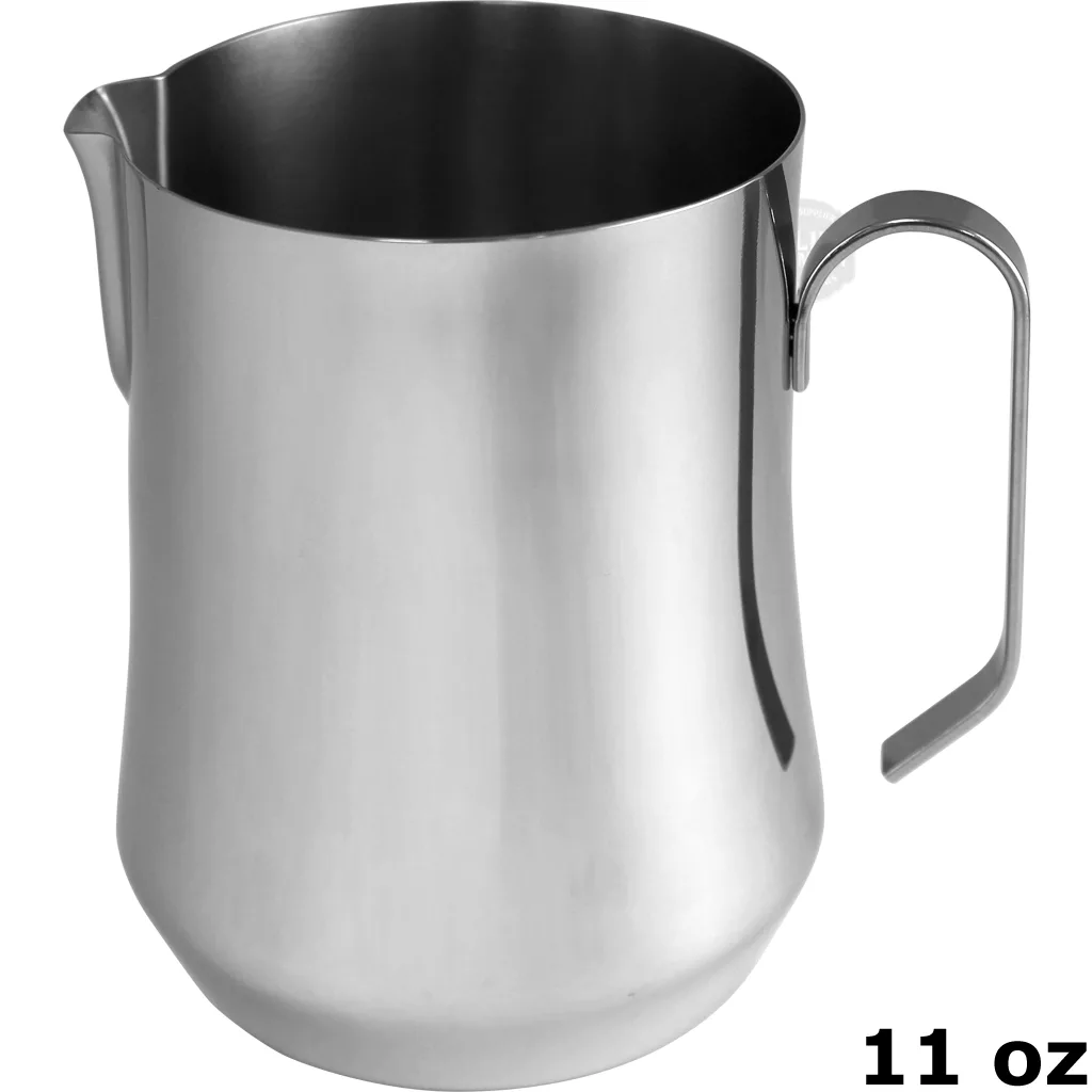 The Motta 5001 Aurora 11 oz (35 cl) Milk Frothing Pitcher, made of stainless steel with a handle, is displayed on a white background. © 2025 1st-line.com