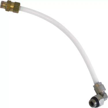 The Nemox 1200035 Pipe is a flexible white pipe featuring a brass fitting on one end and a metal angled connector on the other, ideal for connecting plumbing or mechanical components in Nemox 1200035 systems. © 2025 1st-line.com