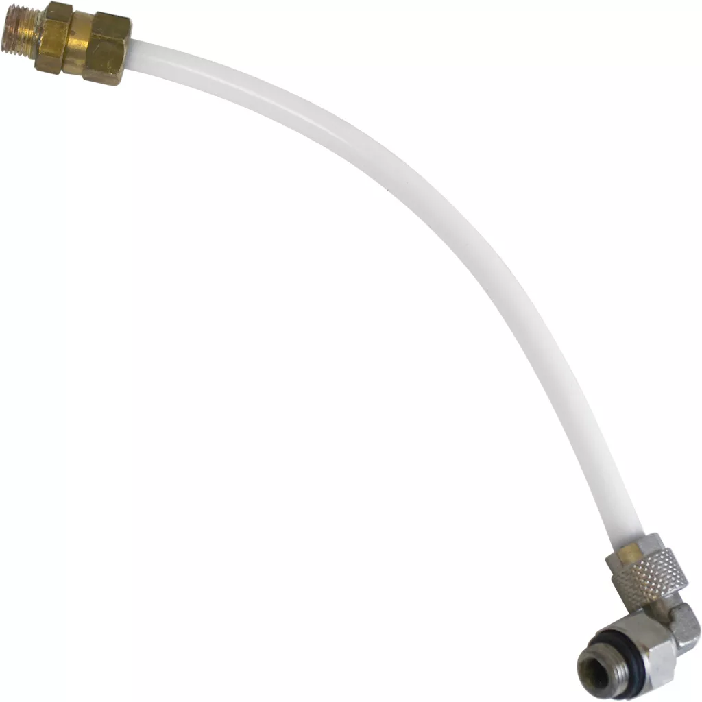 The Nemox 1200035 Pipe is a flexible white pipe featuring a brass fitting on one end and a metal angled connector on the other, ideal for connecting plumbing or mechanical components in Nemox 1200035 systems. © 2025 1st-line.com
