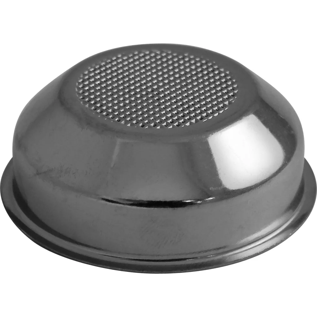 The Nemox 238703 1 Cup Filter Basket is a metal espresso machine filter basket with a flat base and fine mesh holes, designed to hold ground coffee during brewing. © 2025 1st-line.com
