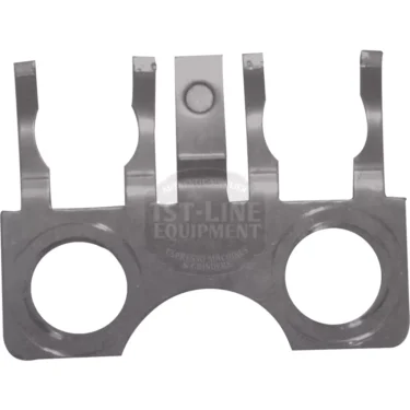 The Nemox 30003 Holder for Coffee / Steam Thermostat is a metal component with two large circular holes at the bottom and four upward prongs, used in espresso machines or grinders. © 2025 1st-line.com