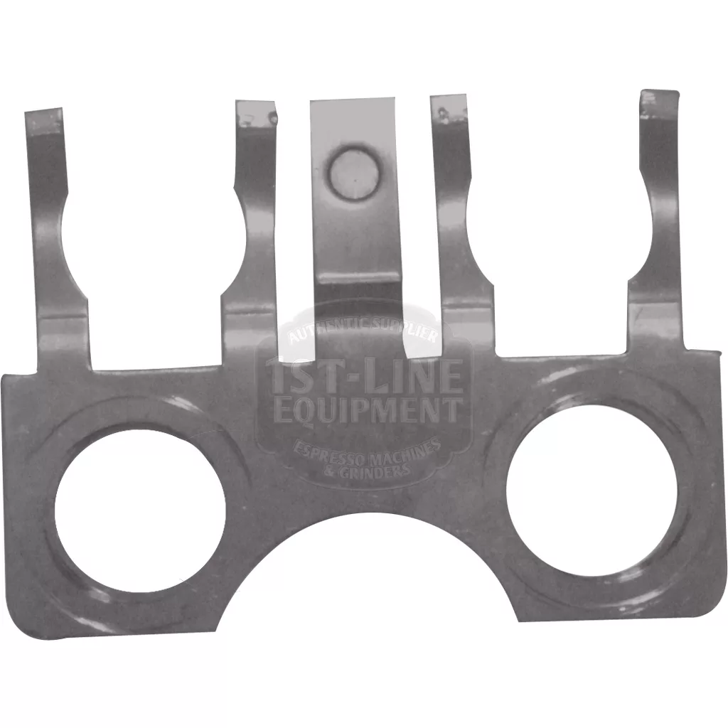 The Nemox 30003 Holder for Coffee / Steam Thermostat is a metal component with two large circular holes at the bottom and four upward prongs, used in espresso machines or grinders. © 2025 1st-line.com