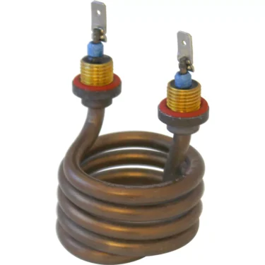 The Nemox KCF004 Heating Element features a tightly coiled metal spiral with two screw terminals, each topped with a blue insulator and metal connector—making it an ideal Nemox replacement part. © 2025 1st-line.com
