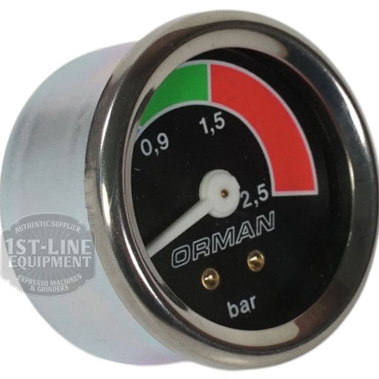 The Pasquini 90107 Pressure Gauge - TAV 1/7 features a round design with a metallic rim, black face, and colored zones from 0.9 to 2.5 bar; the needle indicates the lower range. © 2025 1st-line.com