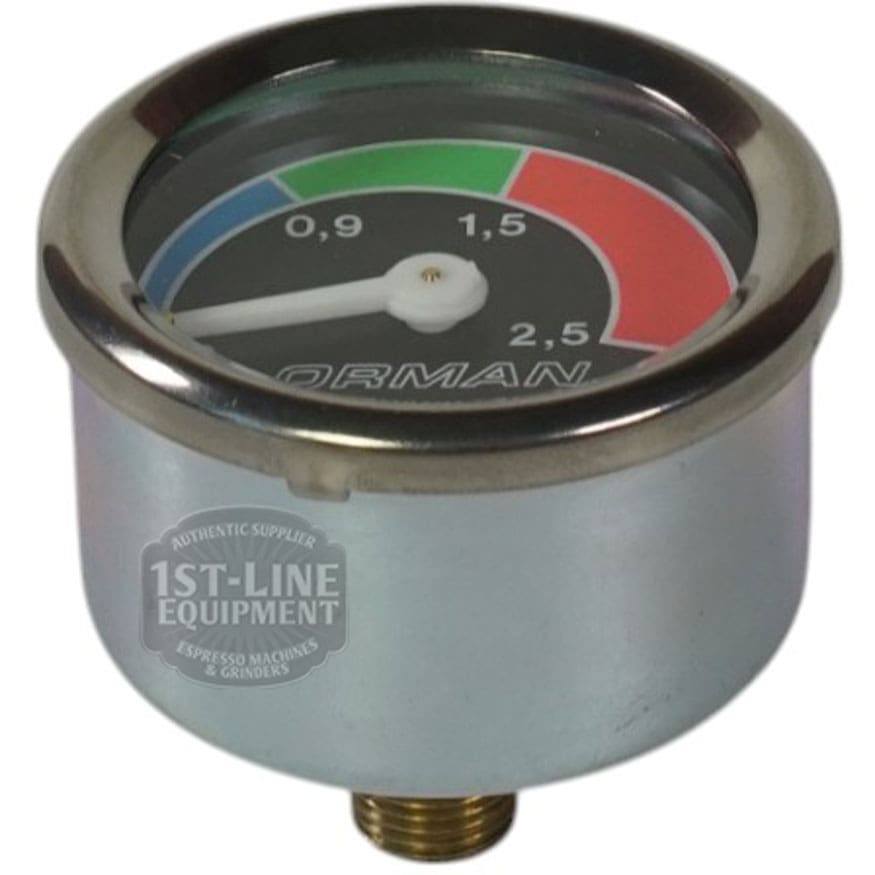 The Pasquini 90107 Pressure Gauge - TAV 1/7 features a round metal casing, colored dial sections (green, red, white), and a single white needle. It measures 0.9 to 2.5 and is designed for espresso machines like the TAV 1/7. © 2025 1st-line.com