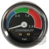 The Pasquini 90107 Pressure Gauge - TAV 1/7 is round with a black face, displays 0-2.5 bar, and reads about 0.2 bar. It features ORMAN branding and blue, green, and red zones for easy reading. © 2025 1st-line.com