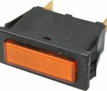 The Pasquini Orange Light - Livia 90 is a rectangular rocker switch featuring a black plastic housing and two metal prongs for electrical connections. © 2025 1st-line.com