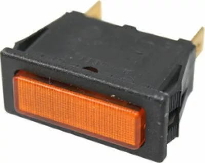 The Pasquini Orange Light - Livia 90 is a rectangular rocker switch featuring a black plastic housing and two metal prongs for electrical connections. © 2025 1st-line.com
