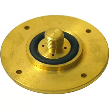 The Pod Adapter for E61 Grouphead Espresso Machines features a round brass body with four evenly spaced holes, a central threaded protrusion, and a black rubber ring around the center for secure and compatible use. © 2025 1st-line.com