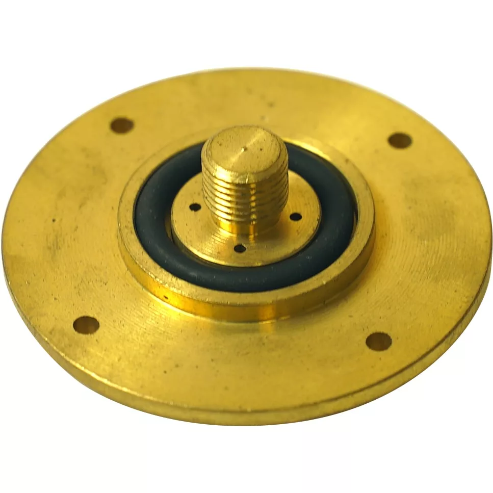 The Pod Adapter for E61 Grouphead Espresso Machines features a round brass body with four evenly spaced holes, a central threaded protrusion, and a black rubber ring around the center for secure and compatible use. © 2025 1st-line.com