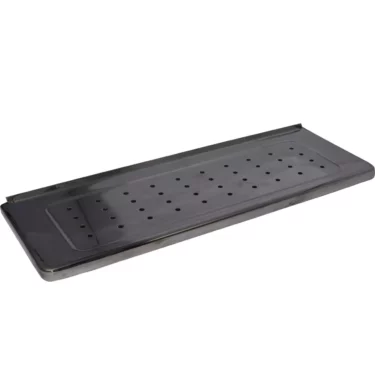 The Ponte Vecchio 100-S9189 Drip Tray Cover is a rectangular black metal cover with raised edges and evenly spaced central holes, perfect for draining or ventilating items. © 2025 1st-line.com