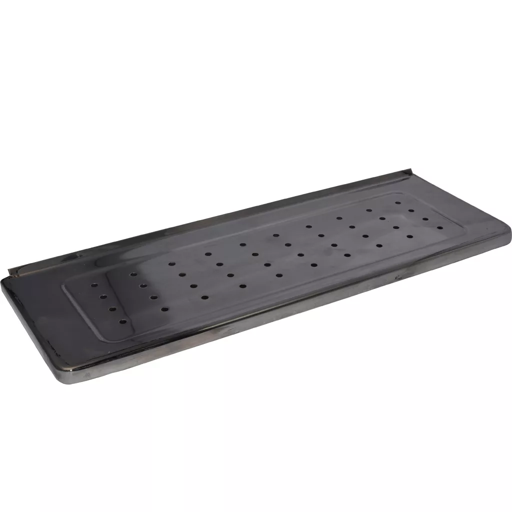 The Ponte Vecchio 100-S9189 Drip Tray Cover is a rectangular black metal cover with raised edges and evenly spaced central holes, perfect for draining or ventilating items. © 2025 1st-line.com